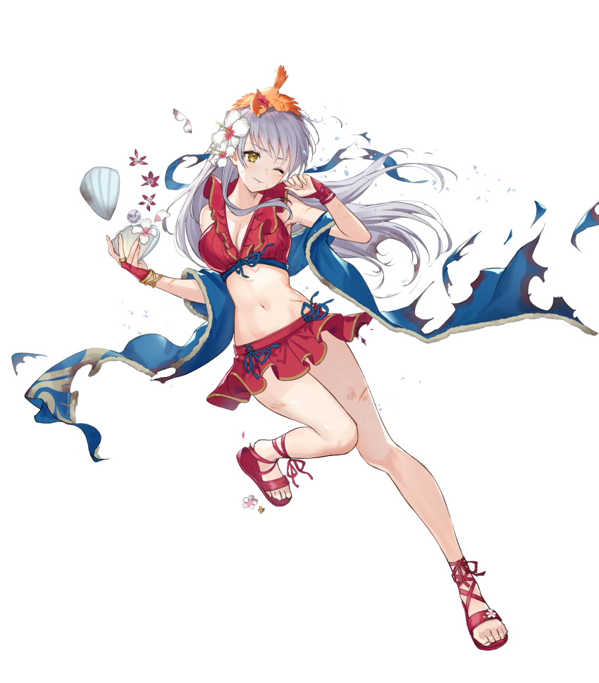 blue_towel damaged damaged_clothes fire_emblem fire_emblem:_radiant_dawn fire_emblem_heroes flower_ornament holding_seashell micaiah_(fire_emblem) open_hand open_mouth orange_eyes pain red_clothes red_sandals sandals skirt white_hair