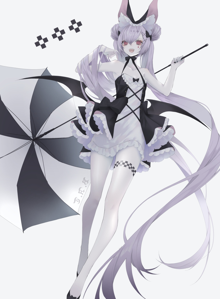 1girl absurdres bangs bare_arms bare_legs bare_shoulders black_bow bow breasts demon_wings double_bun dress eyebrows fangs hair_bow hair_bun hair_ornament hairclip hands_up high_heels highres holding holding_umbrella kotarou_(kot_mochi) legs light_purple_hair long_hair long_legs looking_at_viewer original red_eyes shoes simple_background small_breasts standing tattoo teeth tongue twintails umbrella very_long_hair wings