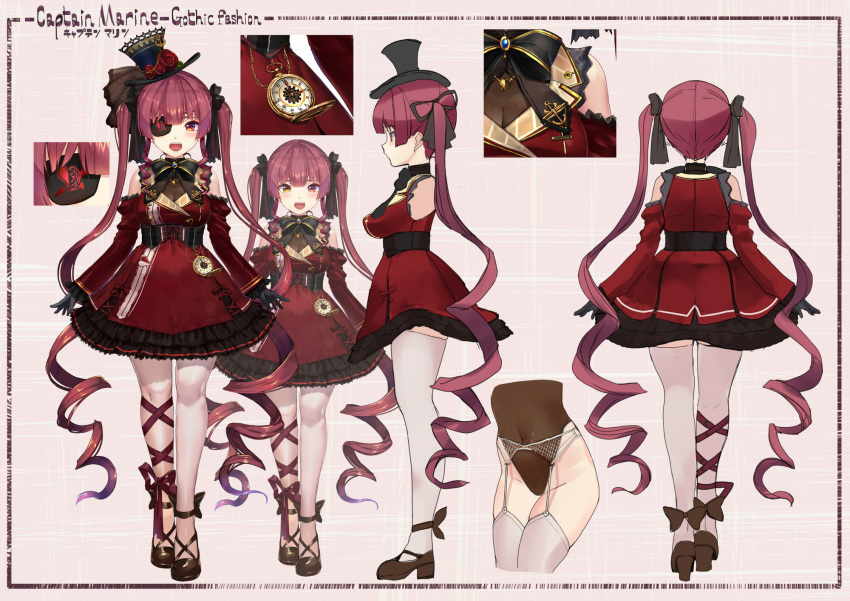 1girl akasaai bangs bare_shoulders black_gloves blush bodystocking breasts clock corset dress frilled_dress frills gloves gothic_lolita hat heterochromia highres hololive houshou_marine large_breasts lolita_fashion long_hair looking_at_viewer multiple_views official_art open_mouth red_dress red_eyes redhead ribbon smile twintails virtual_youtuber yellow_eyes