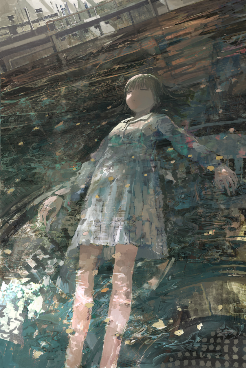 1girl blue_dress closed_eyes dress highres long_sleeves medium_hair original ruins scenery solo tokunaga_akimasa