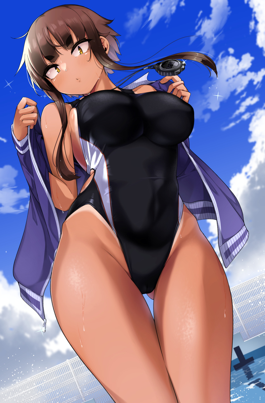 1girl absurdres black_hair black_swimsuit blue_jacket blue_sky breasts brown_eyes chain-link_fence clouds commentary_request competition_swimsuit cowboy_shot day dutch_angle fence from_below highleg highleg_swimsuit highres jacket jovejun large_breasts looking_at_viewer one-piece_swimsuit original outdoors short_hair short_hair_with_long_locks sidelocks sky solo standing swimsuit tanline_peek thigh_gap tsubomioka_happa