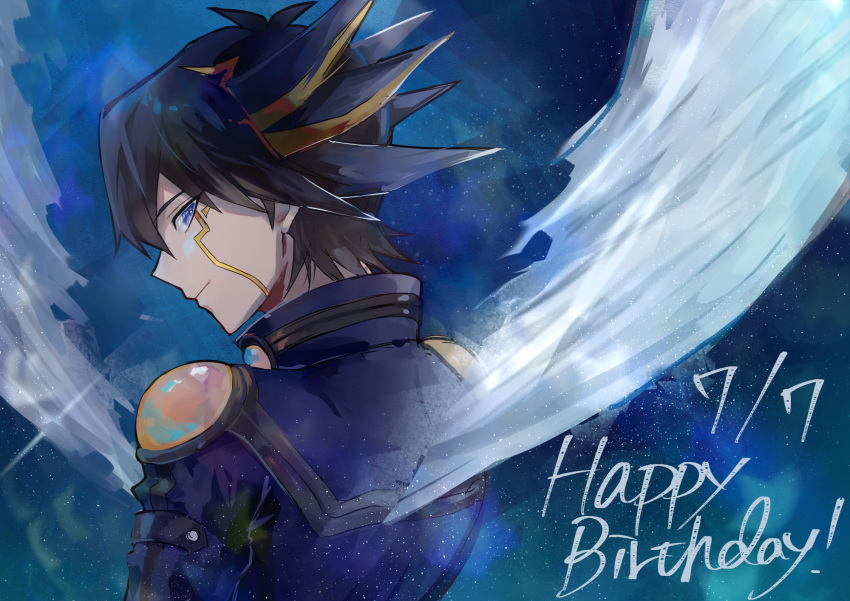 1boy bangs black_hair blue_eyes blue_jacket closed_mouth collarbone facial_mark from_behind fudou_yuusei grey_background hair_between_eyes happy_birthday highlights highres jacket light_smile long_hair looking_at_viewer looking_back male_focus multicolored_hair smile solo spiky_hair star_(sky) tounori_(nrmc_7) upper_body wings yu-gi-oh! yu-gi-oh!_5d's