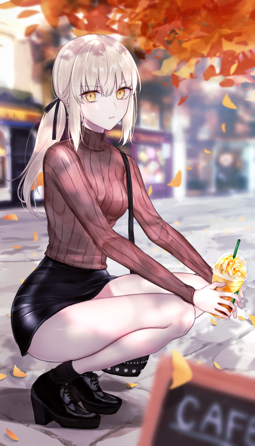 1girl artoria_pendragon_(all) bag bangs bare_legs black_bag black_footwear black_legwear black_ribbon black_skirt blonde_hair blurry carrying_bag chalkboard_sign closed_mouth commentary depth_of_field eyebrows fate/grand_order fate_(series) food from_side full_body hair_between_eyes hands_on_own_knees high_heels highres holding holding_food ice_cream leaf long_hair long_sleeves looking_at_viewer meltymaple miniskirt outstretched_arms pencil_skirt pink_sweater ponytail red_sweater ribbed_sweater ribbon road saber_alter shirt_tucked_in shoes shoulder_bag sidelocks skirt socks solo squatting starbucks street sundae sweater taut_clothes taut_skirt tied_hair turtleneck turtleneck_sweater v-shaped_eyebrows yellow_eyes
