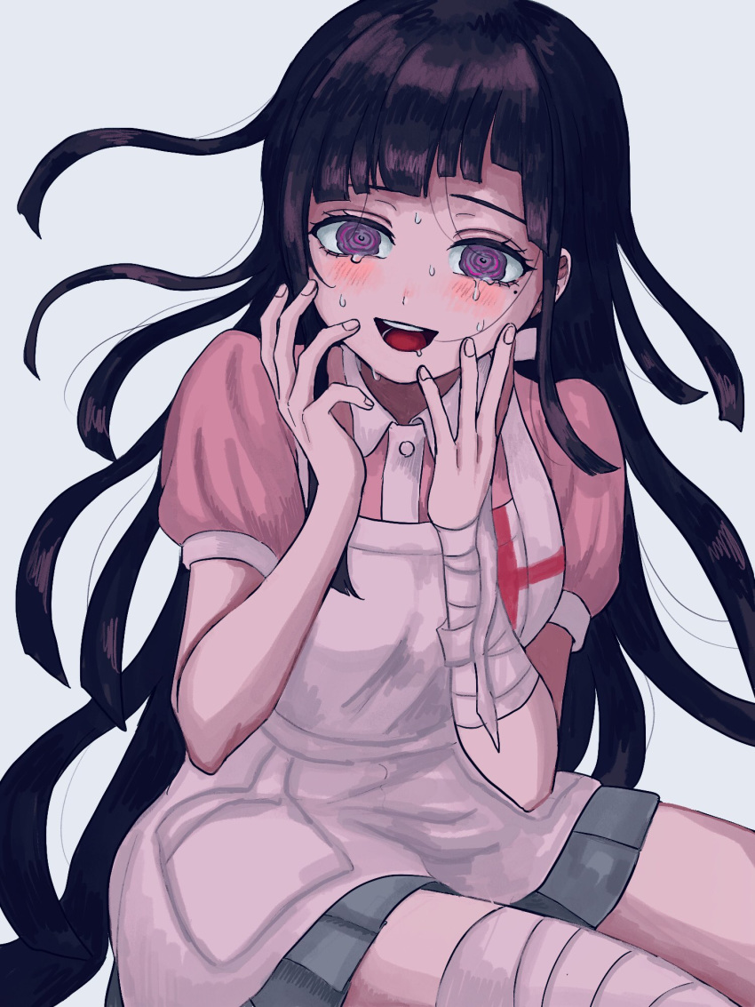 1girl @_@ apron bandaged_arm bandaged_leg bandages bangs black_hair blush dangan_ronpa grey_background highres long_hair mole mole_under_eye open_mouth pink_shirt pleated_skirt renshu_usodayo saliva shirt short_sleeves simple_background skirt solo super_dangan_ronpa_2 sweat tears tsumiki_mikan violet_eyes white_apron