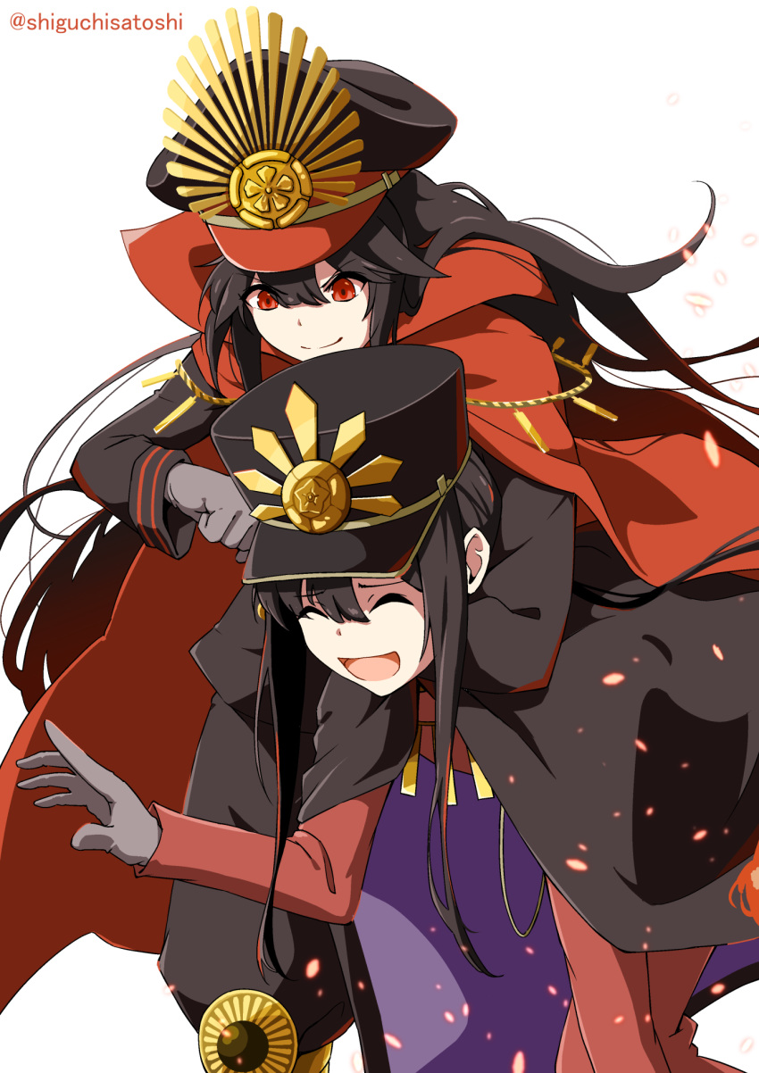 &gt;:) 1boy 1girl :d ^_^ bangs black_cape black_hair black_headwear black_jacket black_pants brother_and_sister cape closed_eyes closed_mouth commentary_request eyebrows_visible_through_hair family_crest fate/grand_order fate_(series) gloves grey_gloves hair_between_eyes hat highres jacket koha-ace long_hair long_sleeves oda_nobukatsu_(fate/grand_order) oda_nobunaga_(fate) oda_nobunaga_(fate)_(all) oda_uri open_mouth panikuru_yuuto pants peaked_cap red_cape red_eyes red_jacket red_pants siblings simple_background smile twitter_username v-shaped_eyebrows very_long_hair white_background