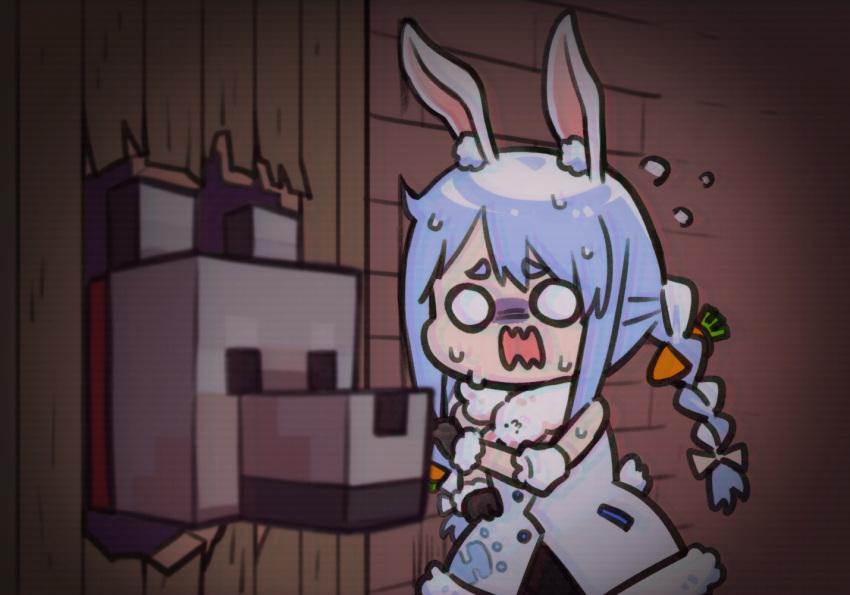 1girl animal_ear_fluff animal_ears black_gloves blue_hair braid broken_door carrot_hair_ornament chibi coat commentary commentary_typo dog door food_themed_hair_ornament fur_collar gloves hair_ornament here's_johnny! hololive indoors long_hair minecraft multicolored_hair nekotaririn o_o parody rabbit_ears scared solo sweat sweating_profusely the_shining twin_braids two-tone_hair usada_pekora virtual_youtuber wavy_mouth white_coat white_hair