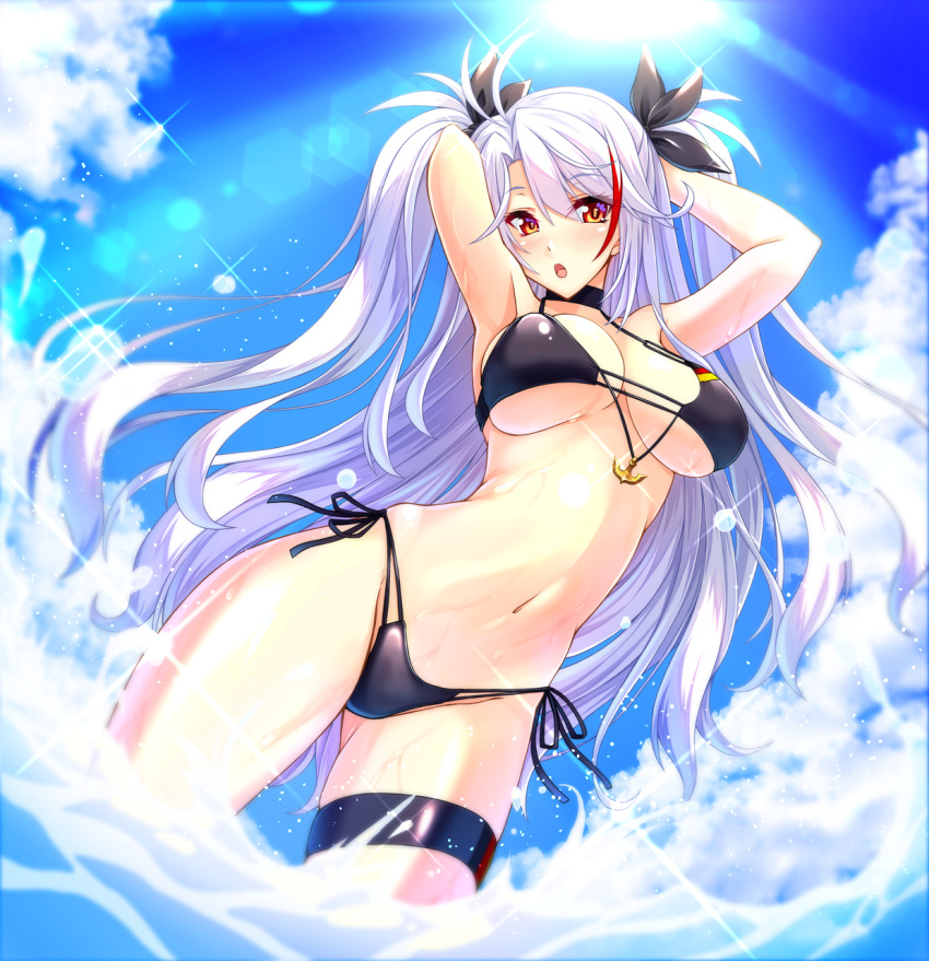 1girl alternate_costume antenna_hair arms_behind_head azur_lane bangs bikini black_bikini black_choker black_ribbon blush breasts brown_eyes choker closed_eyes day eyebrows_visible_through_hair flag_print gekato german_flag_bikini hair_between_eyes hair_ribbon head_tilt highres large_breasts long_hair looking_at_viewer multicolored_hair navel open_mouth outdoors prinz_eugen_(azur_lane) prinz_eugen_(unfading_smile)_(azur_lane) redhead ribbon side-tie_bikini silver_hair sky solo standing stomach streaked_hair swept_bangs swimsuit thigh_strap two_side_up very_long_hair water wet