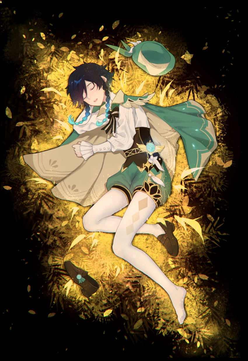 1boy absurdres blue_hair braid cape closed_eyes flower genshin_impact gradient_hair green_headwear gsuh4727 hat highres jewelry long_sleeves lying male_focus multicolored_hair open_mouth ornament otoko_no_ko ribbon shoes shoes_removed shorts sleeping solo twin_braids venti_(genshin_impact) white_legwear