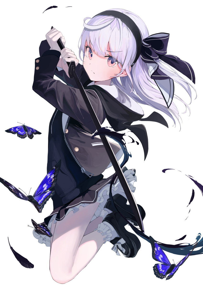 1girl absurdres bug butterfly closed_mouth feathers full_body gloves grey_hair highres insect jacket looking_at_viewer mikisai original pink_eyes shoes simple_background skirt solo sword weapon white_background
