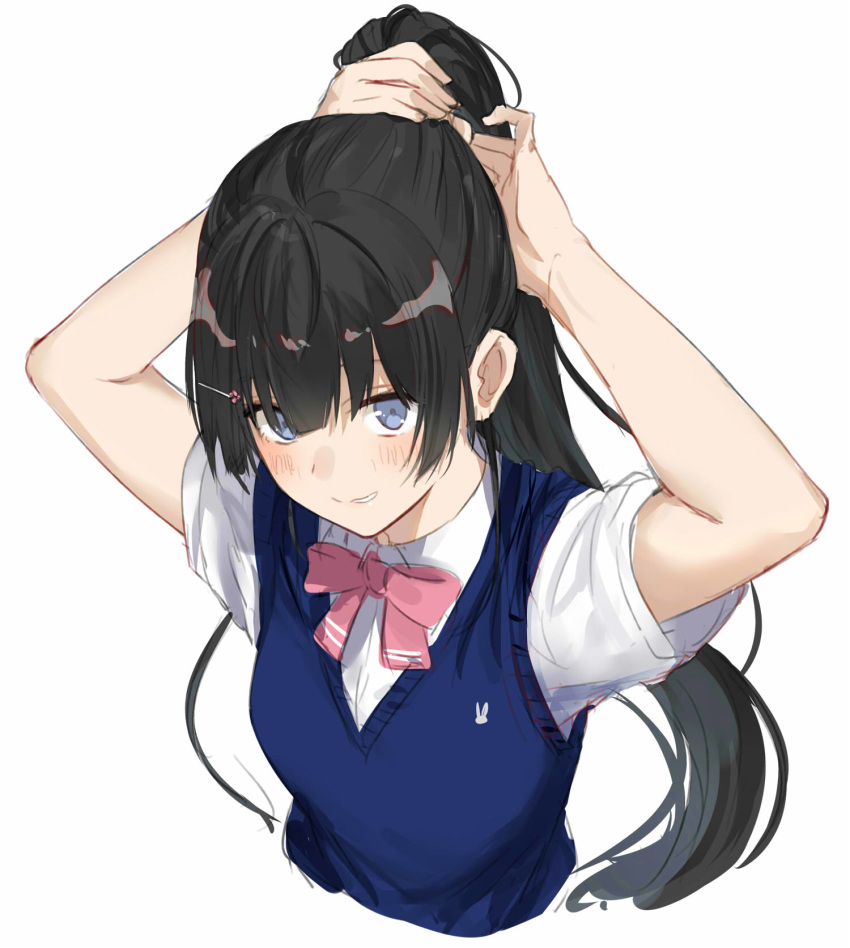 1girl alternate_hairstyle arms_up black_hair blue_eyes blue_vest blush bow bowtie breasts closed_mouth collared_shirt grin hair_between_eyes hair_ornament hairclip highres isshiki_(ffmania7) long_hair looking_at_viewer medium_breasts nijisanji pink_neckwear ponytail shirt short_sleeves simple_background smile solo straight_hair tsukino_mito tying_hair upper_body vest virtual_youtuber white_background white_shirt
