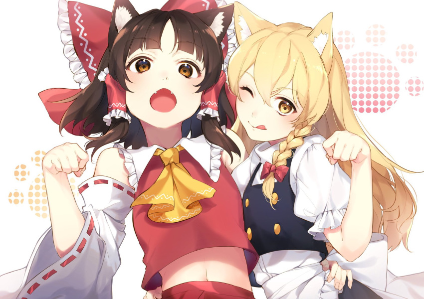 2girls :o ;q animal_ears apron ascot black_vest blonde_hair blush bow braid breasts brown_eyes brown_hair cat_ears closed_mouth detached_sleeves eyebrows_visible_through_hair fangs flat_chest frilled_shirt_collar frills hair_bow hakurei_reimu hand_on_another's_hip head_tilt highres jill_07km kemonomimi_mode kirisame_marisa long_hair looking_at_viewer medium_hair midriff_peek multiple_girls navel no_hat no_headwear one_eye_closed open_mouth paw_background paw_pose puffy_short_sleeves puffy_sleeves red_bow shirt short_sleeves simple_background single_braid small_breasts tongue tongue_out touhou upper_body vest white_background white_shirt wide_sleeves yellow_neckwear