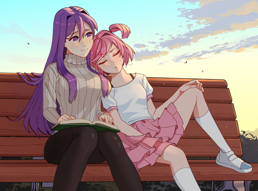 2girls artist_name bangs beige_sweater bench black_pants blush book book_on_lap closed_eyes commentary commission doki_doki_literature_club english_commentary hair_between_eyes hand_on_own_knee leaning_on_person long_sleeves multiple_girls natsuki_(doki_doki_literature_club) open_book outdoors pants parted_lips pink_hair pink_skirt purple_hair raynyasha ribbed_sweater shirt short_hair sitting skirt sleeping smile socks sweater swept_bangs turtleneck turtleneck_sweater violet_eyes white_legwear white_shirt yuri yuri_(doki_doki_literature_club)