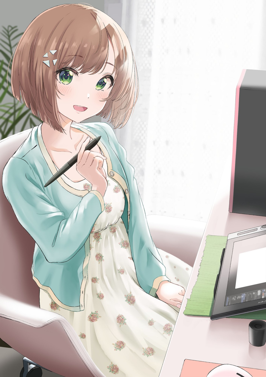 1girl blonde_hair blush bob_cut cardigan chair collarbone curtains desk drawing_tablet dress green_cardigan green_eyes hair_ornament highres holding holding_pen indoors long_sleeves looking_at_viewer open_mouth original patterned_clothing pen plant shiokazunoko short_hair sitting smile solo stylus white_dress