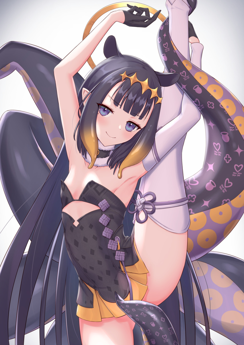 1girl armpits bangs bare_shoulders black_dress black_gloves blue_eyes blunt_bangs blush breasts cocoablue23 detached_sleeves dress flexible gloves halo highres hololive hololive_english leg_lift leg_up long_hair looking_at_viewer mole mole_under_eye ninomae_ina'nis pointy_ears purple_hair smile solo split standing standing_on_one_leg standing_split tentacle_hair tentacles thigh-highs thighs virtual_youtuber