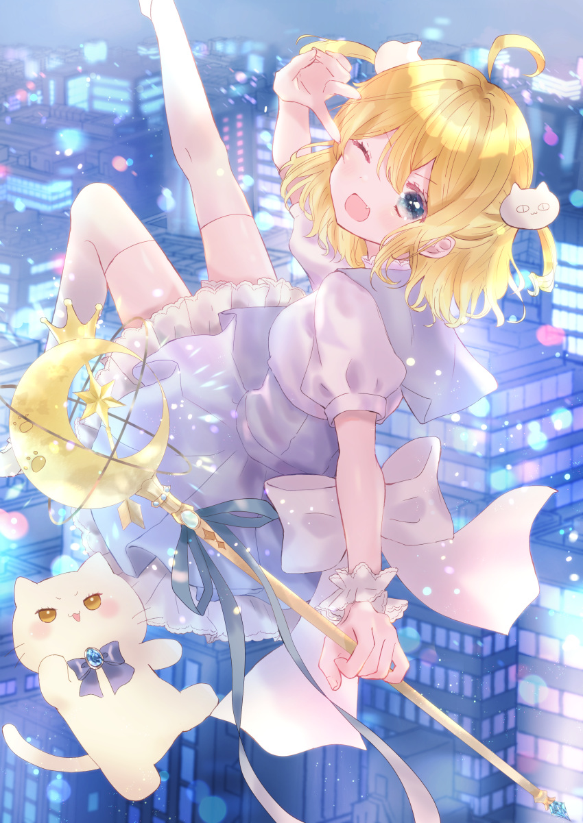 1girl absurdres azarashi6 blonde_hair blue_eyes blush breasts city cityscape dress fang floating hair_ornament highres looking_at_viewer looking_back magical_girl medium_breasts one_eye_closed open_mouth original pinafore_dress solo thigh-highs white_legwear