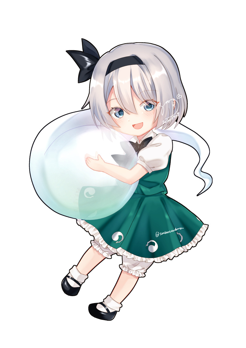 1girl :d absurdres black_bow black_footwear black_hairband bloomers blush bow bowtie chibi commentary_request dated eyebrows_visible_through_hair eyes_visible_through_hair full_body green_skirt green_vest hair_between_eyes hairband highres hitodama holding hug konpaku_youmu konpaku_youmu_(ghost) looking_at_viewer mary_janes open_mouth puffy_short_sleeves puffy_sleeves shirt shoes short_hair short_sleeves signature silver_hair simple_background skirt skirt_set smile solanikieru solo touhou twitter_username underwear vest white_background white_legwear white_shirt