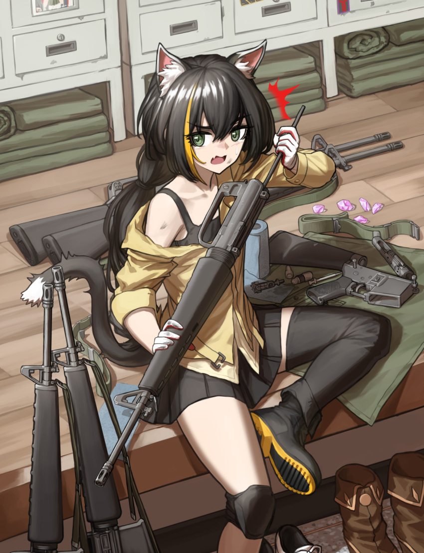 1girl animal_ears assault_rifle bangs bare_shoulders black_hair black_legwear cat_ears cat_girl cat_tail cheogtanbyeong cosplay fang girls_frontline gloves green_eyes gun highres holding holding_gun holding_weapon indoors karyl_(princess_connect!) long_hair looking_at_viewer m16 m16a1 m16a1_(girls_frontline) m16a1_(girls_frontline)_(cosplay) multicolored_hair off_shoulder open_mouth princess_connect! rifle shorts sitting solo streaked_hair submachine_gun sweatdrop tail very_long_hair weapon white_hair