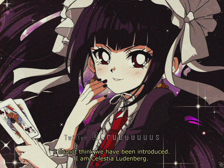 1990s_(style) 1girl bangs black_hair black_nails blush bonnet card celestia_ludenberck criis-chan dangan_ronpa dangan_ronpa_1 drill_hair english_commentary english_text fake_screenshot gothic_lolita highres holding holding_card lolita_fashion long_hair looking_at_viewer nail_polish necktie playing_card red_eyes red_neckwear ribbon sidelocks smile solo subtitled twin_drills white_ribbon