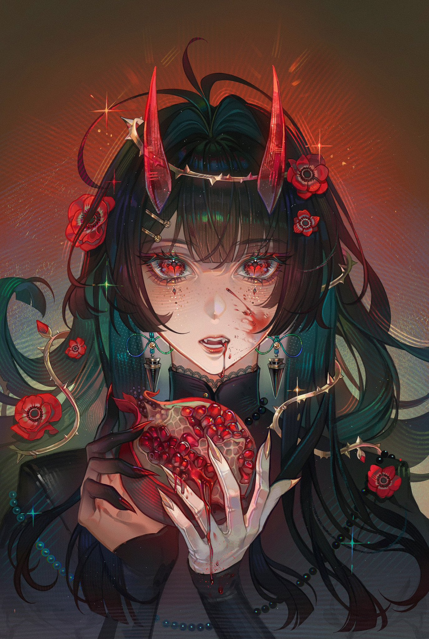 1girl ahoge black_dress black_hair black_sleeves blood blood_from_mouth blood_on_face diamond_(shape) diamond_facial_mark dress earrings facial_mark fingernails flower food fruit hair_ornament hairclip highres holding holding_food holding_fruit horns jewelry long_fingernails long_hair long_sleeves mark_under_both_eyes necklace original pearl_body_chain pearl_necklace pomegranate red_eyes red_flower red_horns red_lips saii0narry solo teeth thorns