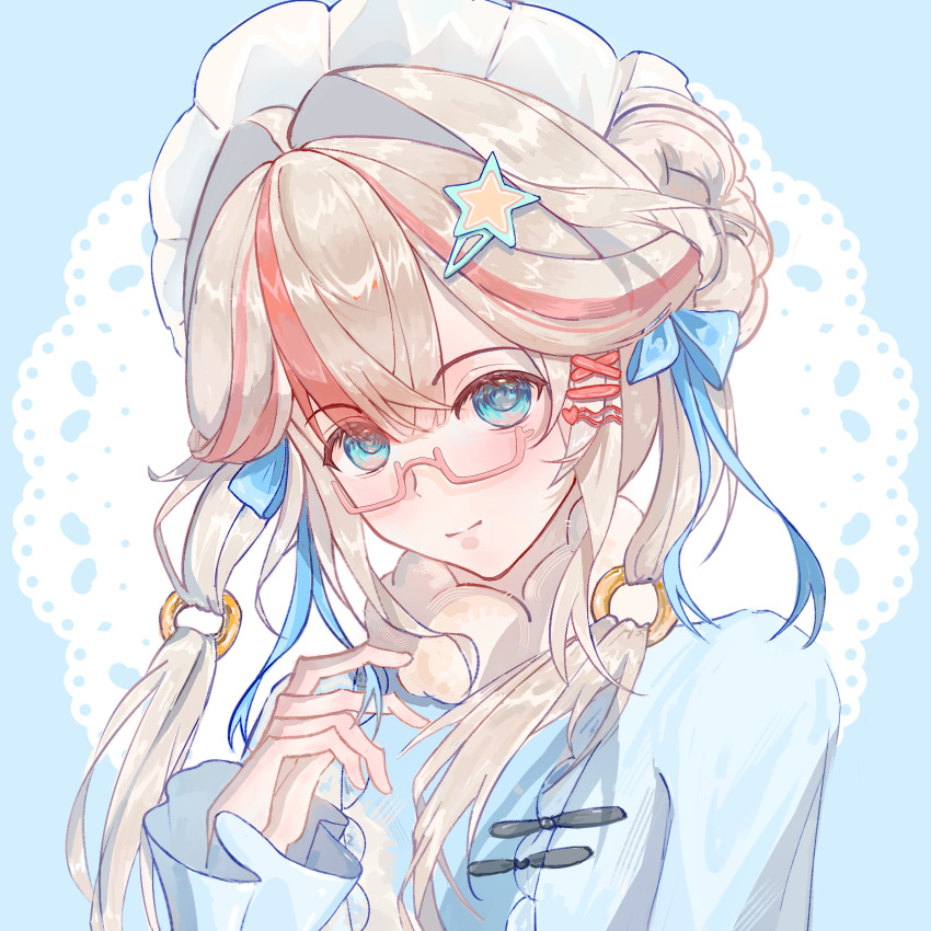 1girl absurdres bespectacled blonde_hair blue_background blue_bow blue_eyes blue_pupils blue_shirt blunt_bangs bow braid braided_bun chinese_commentary closed_mouth commentary_request eyelashes eyes_visible_through_hair frilled_sleeves frills fur_scarf glasses hair_between_eyes hair_bow hair_bun hair_extensions hair_intakes hair_ornament hair_over_shoulder hairclip happy heart heart_hair_ornament highres holding infinity_nikki lace_background light_blush long_hair long_sleeves loose_hair_strand maid_headdress multicolored_hair nikki_(series) parallel_hairclips red-framed_eyewear ring_hair_extensions scarf shirt single_side_bun smile solo star_(symbol) star_hair_ornament streaked_hair stylist_(nikki) twintails two-tone_background upper_body wang_jue white_background white_scarf x_hair_ornament