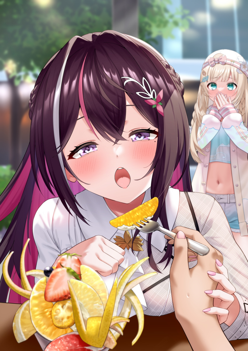 1other aqua_hair aqua_shirt ascot azki_(4th_costume)_(hololive) azki_(hololive) backwards_hat baseball_cap black_hair blonde_hair blue_shorts blurry blurry_background blurry_foreground blush braid cloud_print collared_dress colored_inner_hair commentary covering_own_mouth cropped_shirt crossed_bangs day double-parted_bangs dress faubynet feeding food fork fruit hair_between_eyes hair_intakes hair_ornament hairclip half_up_braid hand_grab hat highres holding holding_fork hololive jacket kazama_iroha kazama_iroha_(street) long_hair looking_at_another looking_at_viewer mole mole_under_eye multicolored_hair nail_polish navel official_alternate_costume official_alternate_hairstyle open_mouth outdoors pink_hair pink_jacket pink_nails pov pov_hands revision shirt short_shorts shorts side_braids streaked_hair teeth upper_teeth_only violet_eyes virtual_youtuber white_ascot white_dress white_hat white_streaks