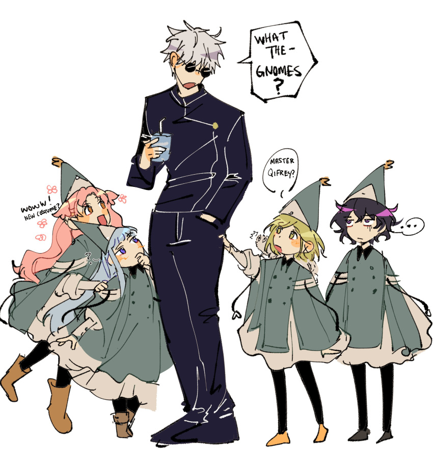 1boy 349am 4girls absurdres agott_arklaum_(tongari_boushi_no_atelier) black_hair blue_eyes blue_hair brown_eyes brushbuddy closed_mouth coco_(tongari_boushi_no_atelier) commentary drink_carton english_commentary glasses gojo_satoru green_eyes green_hair hand_in_pocket highres holding holding_drink_carton holding_juice_box juice_box jujutsu_kaisen jujutsu_tech_uniform long_hair multiple_girls open_mouth pink_hair qifrey's_atelier_apprentice_uniform richeh_(tongari_boushi_no_atelier) round_eyewear short_hair simple_background sunglasses tetia_(tongari_boushi_no_atelier) tongari_boushi_no_atelier violet_eyes white_background white_hair