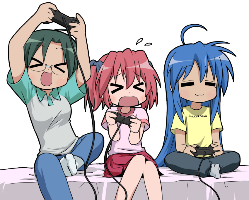 bad_id blue_hair blush girls_playing_games glasses green_hair izumi_konata kobayakawa_yutaka lucky_star nagian narumi_yui playing_games playstation playstation_2 raglan_sleeves socks video_game video_games