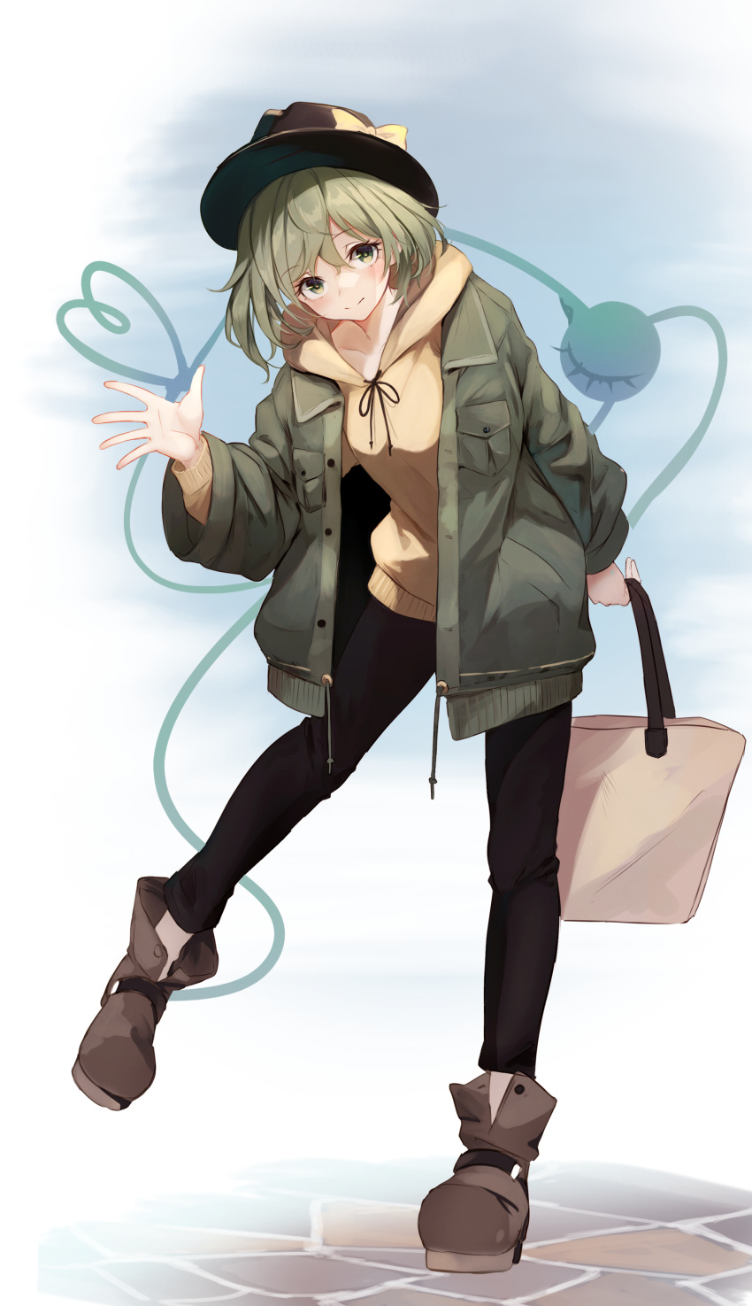 1girl absurdres adapted_costume black_headwear black_pants boots bow brown_footwear commentary_request contemporary full_body green_eyes green_hair green_jacket hand_up hat hat_bow heart heart_of_string highres homo_1121 jacket komeiji_koishi long_sleeves looking_at_viewer pants short_hair solo standing standing_on_one_leg third_eye touhou yellow_bow yellow_hoodie
