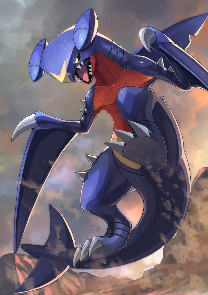 black_sclera claws commentary dragon fangs from_below garchomp gen_4_pokemon glowing glowing_eyes highres no_humans open_mouth outstretched_arms pokemon pokemon_(creature) sand solo tail tesshii_(riza4828) tongue yellow_eyes