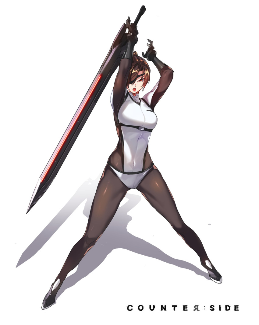 1girl arms_up black_eyepatch black_gloves bodysuit brown_hair copyright_name counter_side covered_navel ddolggol english_text eyepatch gloves greatsword highres holding holding_sword holding_weapon jewelry navel open_mouth orange_eyes ponytail shadow shiny shiny_hair short_hair single_earring skin_tight solo sword teeth tongue weapon white_background