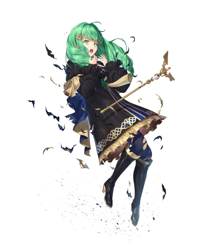 1girl bangs black_dress black_footwear blue_legwear boots bow detached_sleeves dress fire_emblem fire_emblem:_three_houses fire_emblem_heroes flayn_(fire_emblem) frills full_body gold_trim green_eyes green_hair hair_ornament hands_up highres knee_boots kousei_horiguchi long_hair long_sleeves looking_at_viewer looking_away official_art open_mouth pantyhose school_uniform shiny shiny_clothes shiny_hair solo staff torn_clothes torn_legwear transparent_background turtleneck