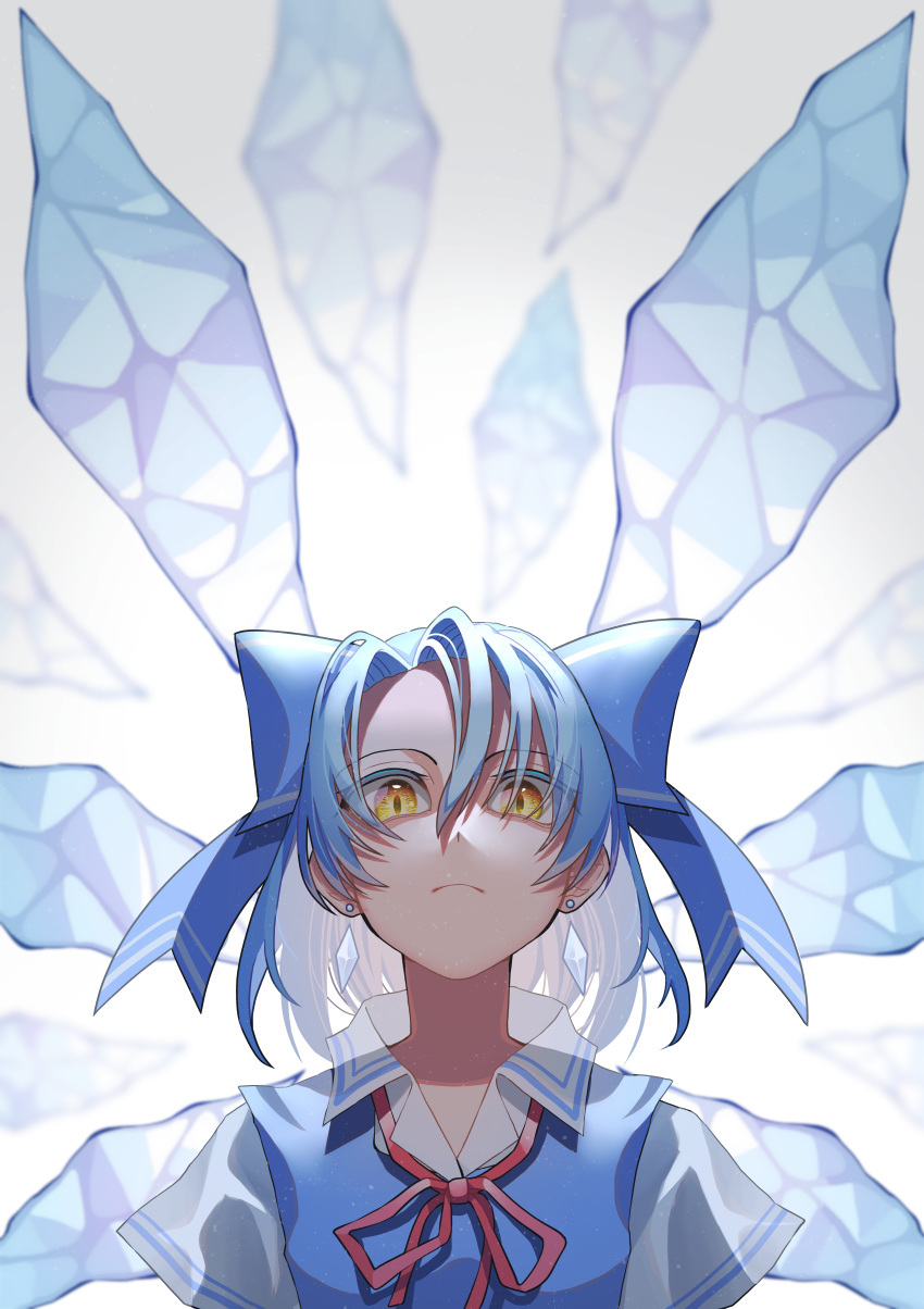 1girl absurdres alternate_eye_color artist_request bangs blue_bow blue_dress blue_hair blue_ribbon bow cirno close-up closed_mouth collared_shirt commentary_request crystal dress earrings gradient gradient_background grey_background highres huge_filesize ice ice_wings jewelry large_wings light_particles looking_at_viewer looking_down parted_bangs red_neckwear red_ribbon ribbon shirt short_hair short_sleeves slit_pupils solo touhou upper_body white_background white_shirt wide_sleeves wing_collar wings yellow_eyes