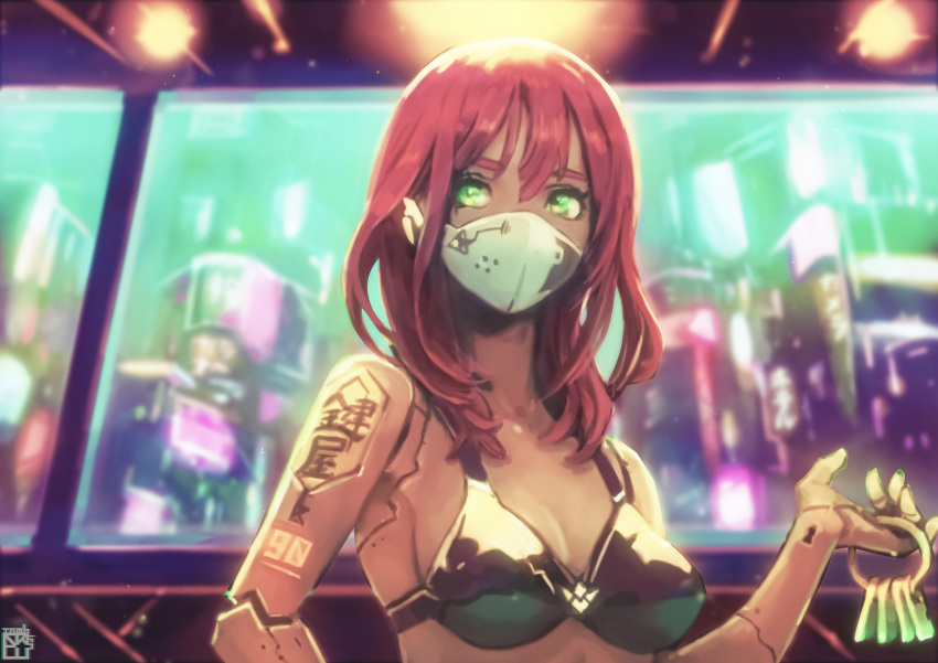 1girl absurdres android bangs bikini black_bikini blurry blurry_background breasts city cyberpunk green_eyes highres key long_hair looking_at_viewer mask medium_breasts mouth_mask okuto original redhead scenery swimsuit tattoo upper_body