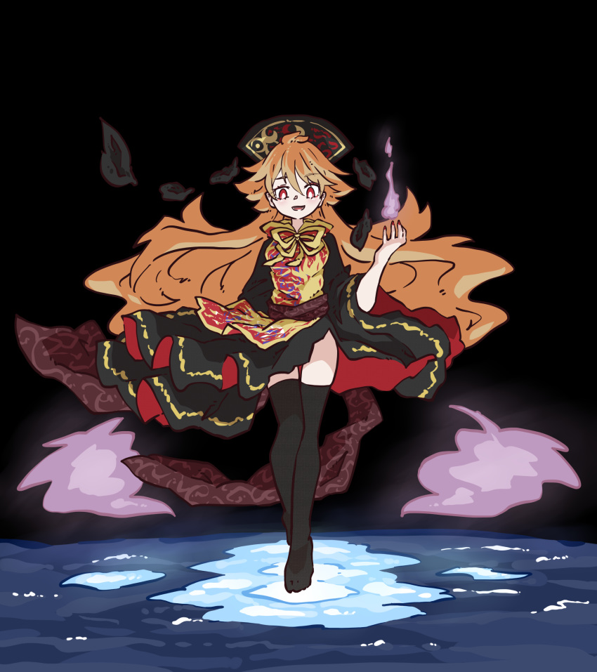 1girl black_dress black_headwear black_legwear blonde_hair chinese_clothes crossed_legs dress fingernails fire floating full_body hair_between_eyes hand_up hat highres junko_(touhou) lana151 long_hair nail_polish neck_ribbon no_shoes open_hand open_mouth plantar_flexion red_eyes red_nails ribbon standing standing_on_liquid tabard thigh-highs touhou unmoving_pattern very_long_hair watson_cross wide_sleeves wind wind_lift zettai_ryouiki