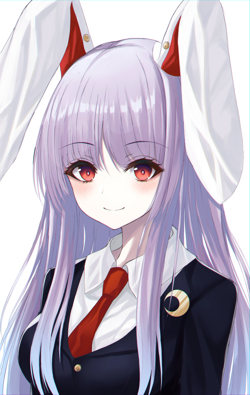 1girl absurdres animal_ears bangs blue_jacket bright_pupils commentary crescent crescent_moon_pin dress_shirt eyebrows_visible_through_hair highres jacket kure:kuroha light_blush long_hair looking_at_viewer necktie purple_hair rabbit_ears red_eyes red_neckwear reisen_udongein_inaba shiny shiny_hair shirt sidelocks simple_background smile standing suit_jacket touhou upper_body very_long_hair white_background white_pupils white_shirt