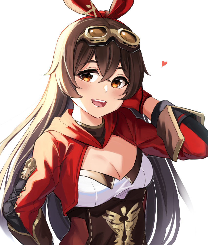 1girl :d absurdres amber_(genshin_impact) bangs breasts brown_eyes brown_hair cleavage_cutout clothing_cutout cross-laced_clothes eyebrows_visible_through_hair fbreeze genshin_impact goggles goggles_on_head hair_between_eyes hair_ribbon heart highres long_hair open_mouth red_ribbon ribbon small_breasts smile solo upper_body upper_teeth