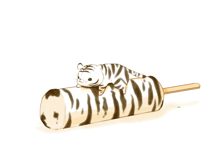 animal chai commentary_request food highres ice_cream on_food original popsicle popsicle_stick signature sitting_on_food striped tiger undersized_animal white_background white_tiger