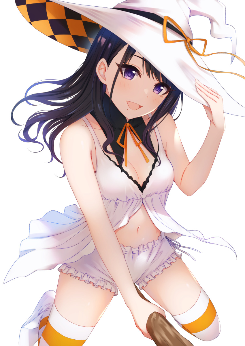 1girl absurdres bangs black_hair broom broom_riding hat highres idolmaster idolmaster_shiny_colors kazano_hiori long_hair looking_at_viewer miyar2d2 mole mole_under_mouth open_mouth simple_background solo thigh-highs underwear violet_eyes white_background witch_hat