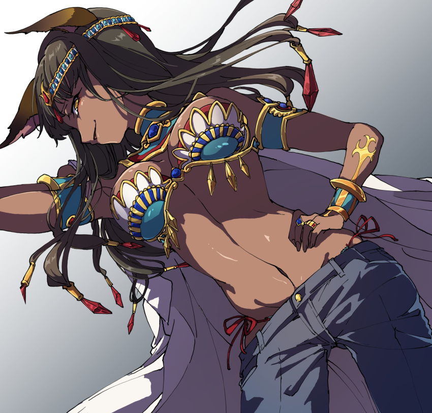1girl animal_ears black_hair cat_ears ciconia_no_naku_koro_ni cuffs dark_skin denim dutch_angle egyptian egyptian_mythology g-string hand_on_hip headband highres jeans jewelry long_hair looking_at_viewer midriff pants prgdmk ring seshat simple_background solo thong white_background yellow_eyes