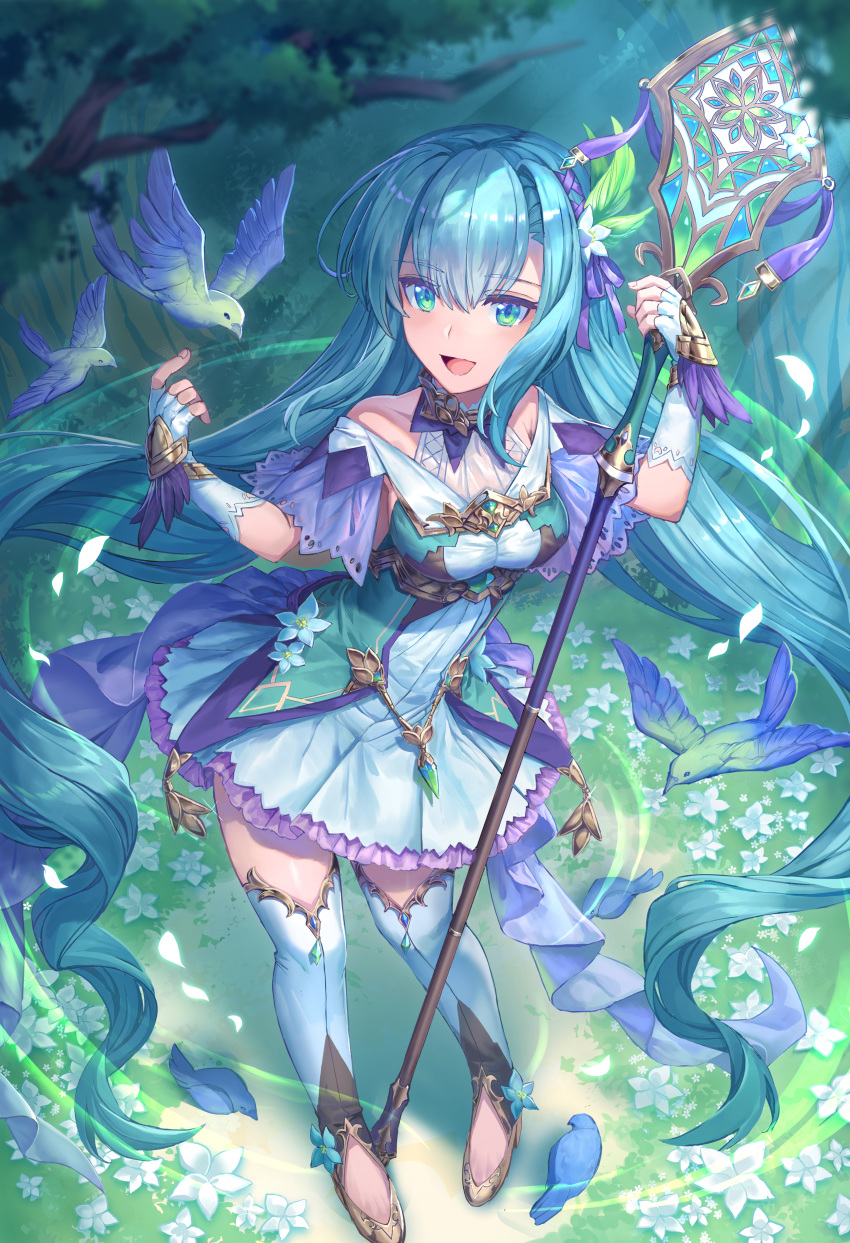 1girl :d absurdres aqua_hair bird dress elbow_gloves fantasy fingerless_gloves flower forest frilled_dress frills gloves green_eyes highres long_hair nature open_mouth original outdoors shichigatsu smile staff thigh-highs tree very_long_hair