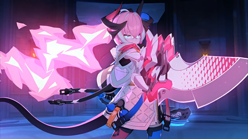 1065587906 1girl black_gloves blue_eyes blue_legwear character_request dual_wielding fire gloves glowing glowing_eyes glowing_weapon hair_between_eyes highres holding holding_sword holding_weapon honkai_(series) honkai_impact_3rd horns long_hair mismatched_legwear multicolored multicolored_hair night outdoors patterned pink_fire pink_hair pointing_weapon red_legwear solo standing streaked_hair sword tail thigh-highs weapon