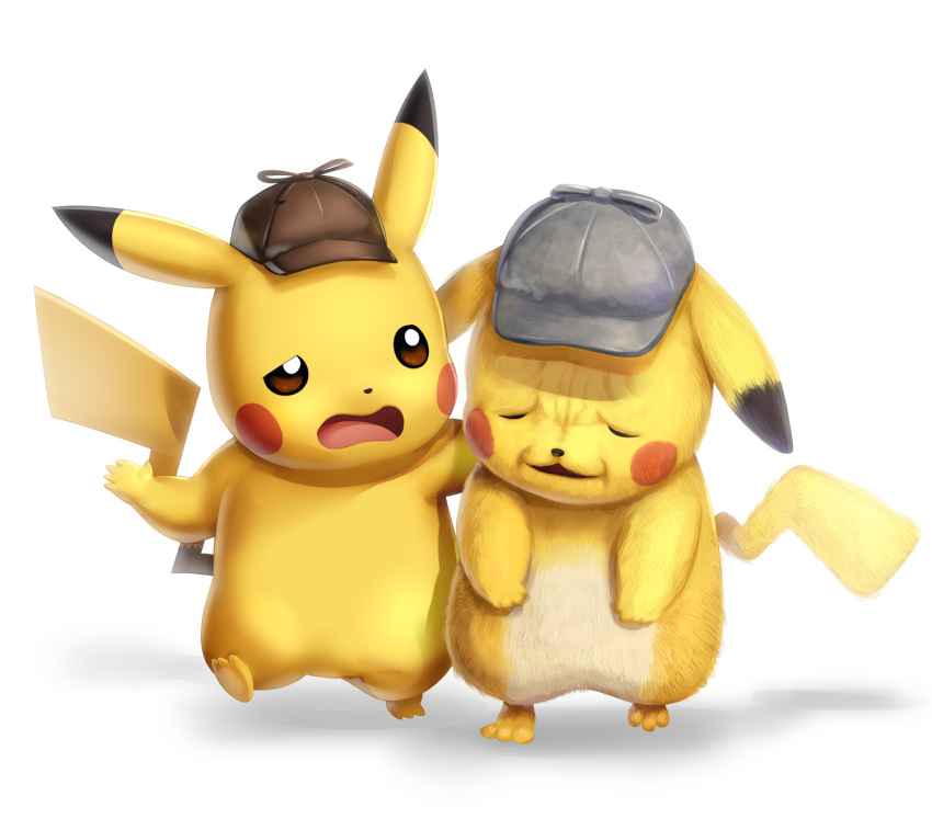 brown_headwear closed_eyes commentary_request detective_pikachu detective_pikachu_(character) gen_1_pokemon gonzarez grey_headwear hat hatted_pokemon head_down highres no_humans open_mouth paws pikachu pokemon pokemon_(creature) textless tongue walking white_background wrinkled_frown_(detective_pikachu) yellow_fur