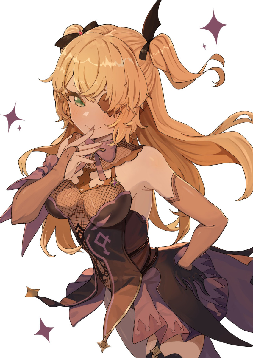 1girl armpits bare_shoulders black_dress black_gloves blonde_hair breasts bridal_gauntlets cowboy_shot dress eyepatch fischl_(genshin_impact) fishnets garter_straps genshin_impact gloves green_eyes hair_ornament hair_over_one_eye hand_on_hip highres long_hair looking_at_viewer moutama simple_background single_glove sleeveless sleeveless_dress small_breasts smile solo sparkle thigh-highs two_side_up white_background