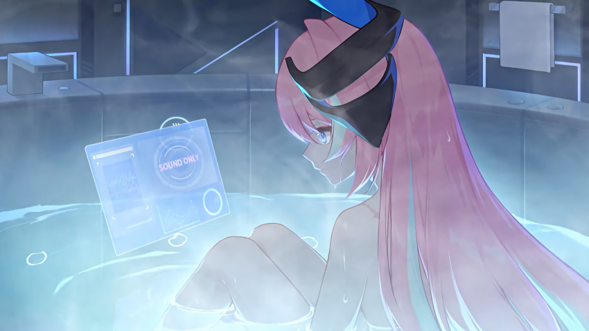 1065587906 1girl bath blue_eyes character_request closed_mouth completely_nude highres hologram holographic_interface honkai_(series) honkai_impact_3rd horns long_hair multicolored multicolored_hair nude partially_submerged pink_hair ripples scar sitting solo steam streaked_hair towel water wet white_hair