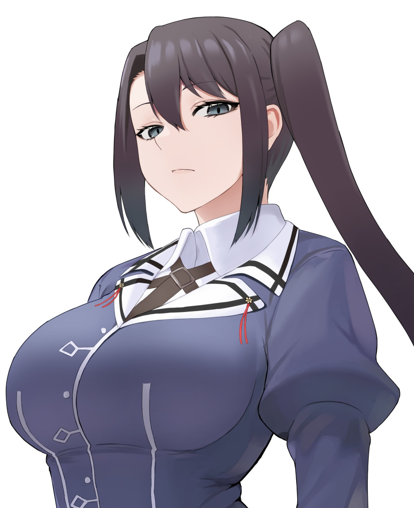 1girl absurdres bangs black_hair breasts closed_mouth eyebrows_visible_through_hair grey_eyes hair_between_eyes highres kantai_collection large_breasts long_hair nachi_(kantai_collection) ponytail side_ponytail sidelocks simple_background solo takaman_(gaffe) uniform upper_body white_background