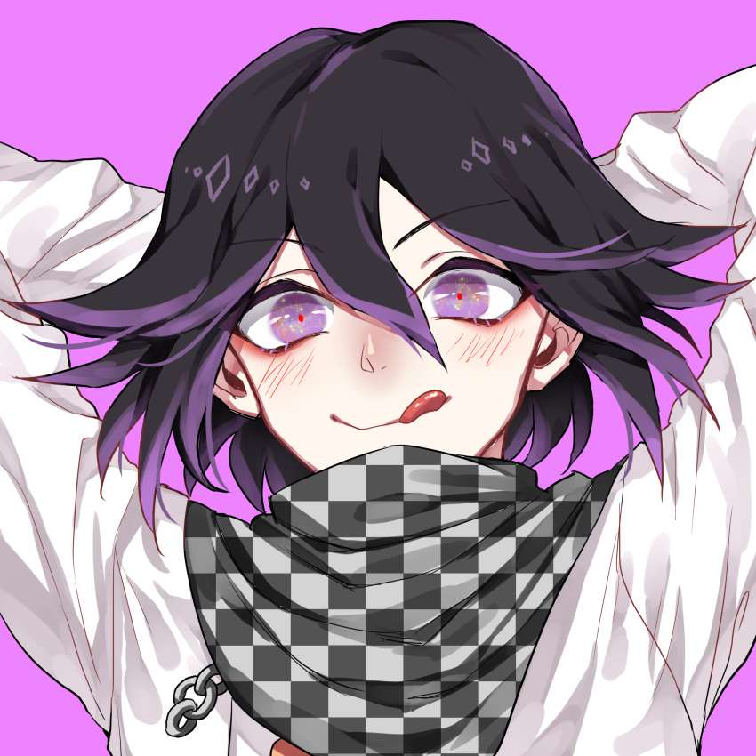 1boy arms_behind_head arms_up bangs black_hair checkered checkered_scarf commentary_request dangan_ronpa hair_between_eyes highres jacket long_sleeves looking_at_viewer male_focus nanin new_dangan_ronpa_v3 ouma_kokichi pink_background pink_eyes purple_hair red_pupils scarf short_hair smile solo starry_sky_print straitjacket violet_eyes white_jacket