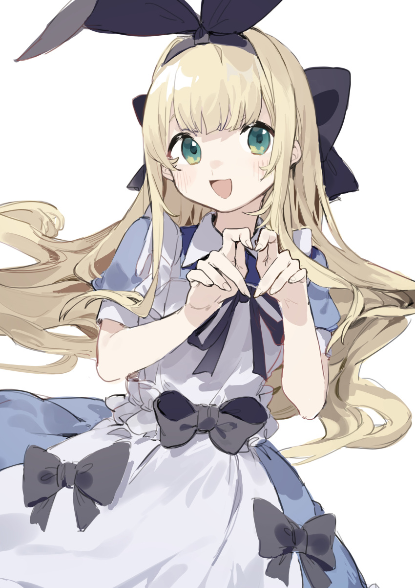 1girl absurdres apron bangs black_bow black_ribbon blonde_hair blue_dress blush bow dress green_eyes hair_bow hair_ribbon hairband heart heart_hands highres long_hair mononobe_alice nijisanji open_mouth ribbon sh_(562835932) short_sleeves sidelocks simple_background solo white_apron white_background