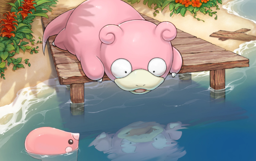 commentary_request gen_1_pokemon gen_3_pokemon iwagami leaf looking_down luvdisc lying no_humans on_stomach open_mouth pokemon pokemon_(creature) reflection sand shore slowpoke water