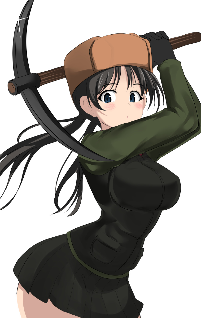 1girl absurdres aikir_(jml5160) black_gloves black_hair blue_eyes blush breasts from_side fur_hat girls_und_panzer gloves green_skirt hat highres long_hair looking_at_viewer low_twintails medium_breasts miniskirt nina_(girls_und_panzer) pickaxe pravda_school_uniform school_uniform skirt solo thighs twintails ushanka vest white_background