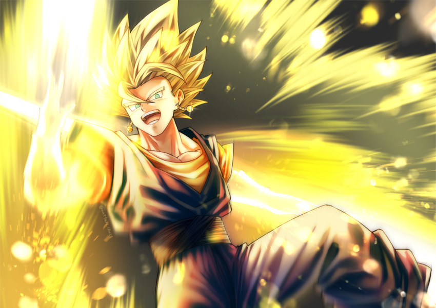 1boy :d blonde_hair dougi dragon_ball dragon_ball_z earrings energy_blade gloves green_eyes jewelry looking_at_viewer male_focus mattari_illust muscle open_mouth potara_earrings sash smile solo super_saiyan super_saiyan_1 twitter_username vegetto white_gloves